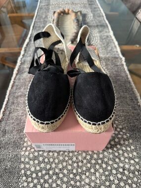 Manebi Valenciana Plano Serraje Black Espadrille Lace-Up Flats - Size 39 (9 US)